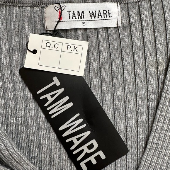 Tam Ware Dress Gray Ribbed Knit V Neck Long Sleeve Sweater Bodycon Dress Small - Picture 2 of 12